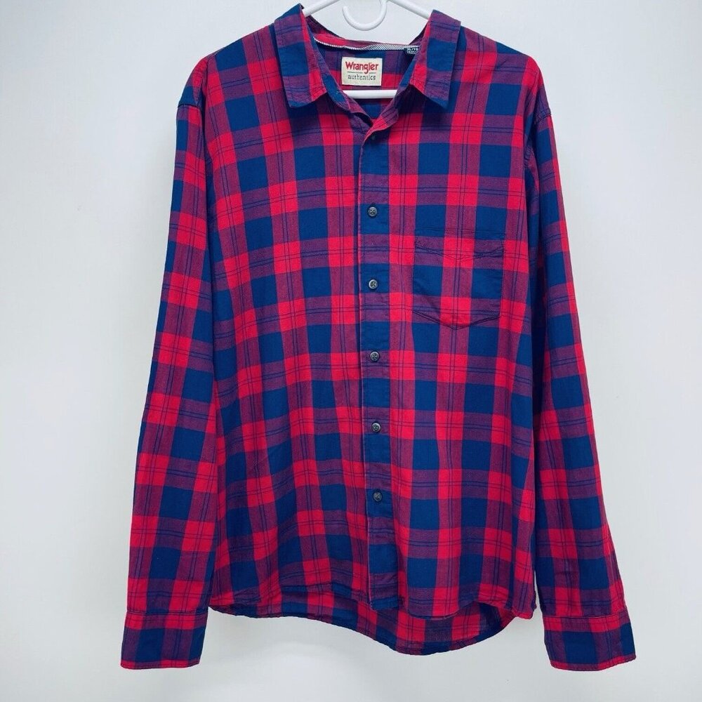 Wranglers Authentic Shirt Size XL Men’s Plaid Red Blue Long Sleeve Flannel